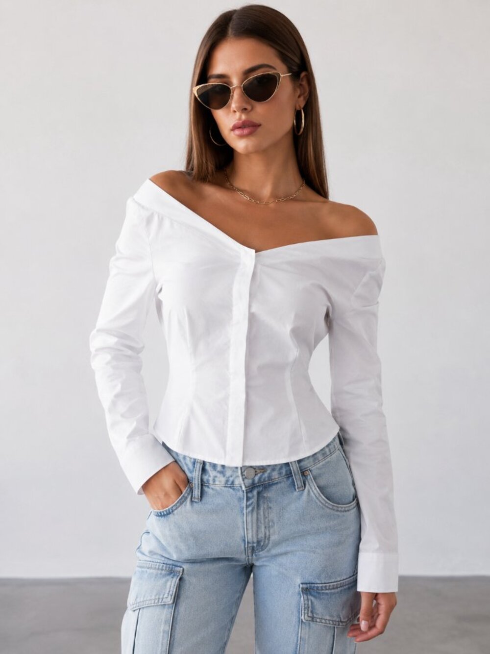 White Classic Off Shoulder Button Down Crop Top NWT